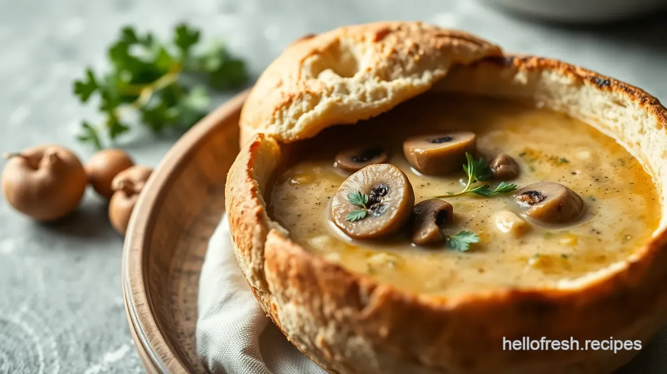 Sourdough Bread Bowl with Creamy Mushroom Soup