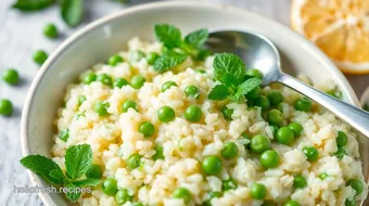 Fresh Peas: Easy Creamy Risotto with Mint and Parmesan Delight! recipe card