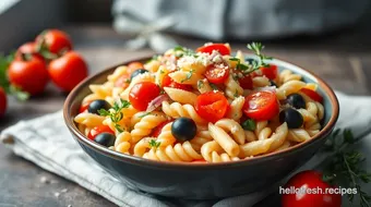 Mixing Pasta Salad with Fresh Thyme Flavor recipe card