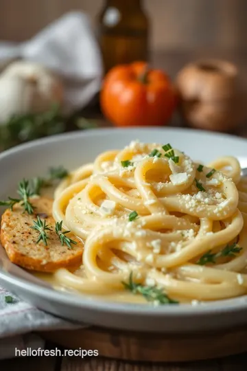 Cooked Creamy Garlic Pasta with Cheese presentation