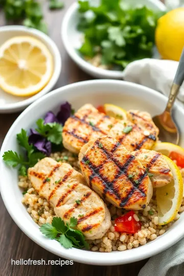 Mediterranean Grain Bowl with Grilled Lemon-Herb Chicken presentation