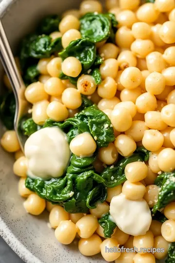 Creamy Pearl Pasta with Garlic and Spinach presentation