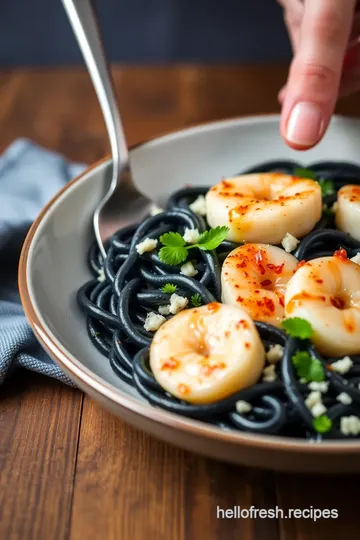 Squid Ink Pasta with Scallops presentation